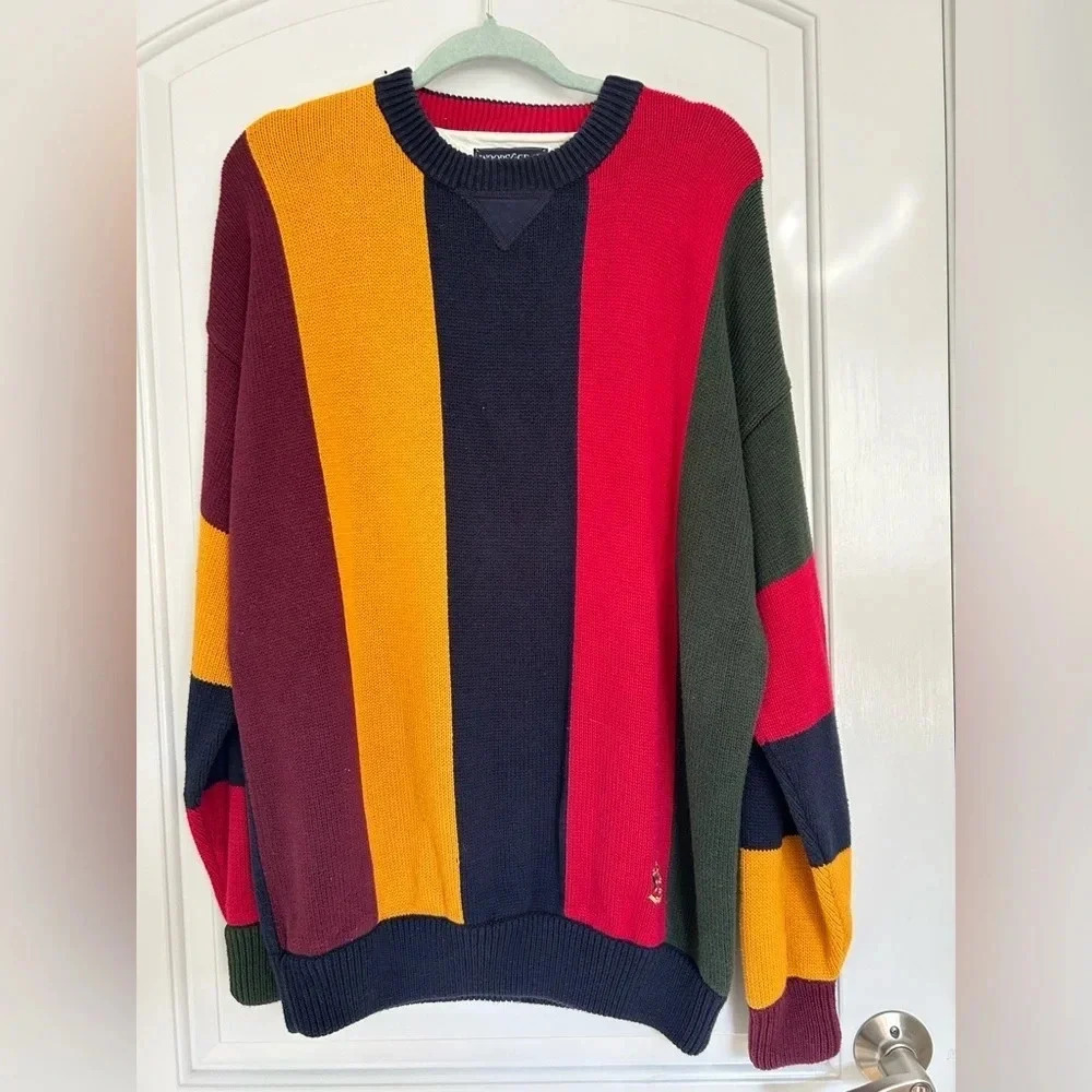 Vintage 90s Stripe Colorblock 100% Cotton Rugby Style Knit Sweater size M preppy